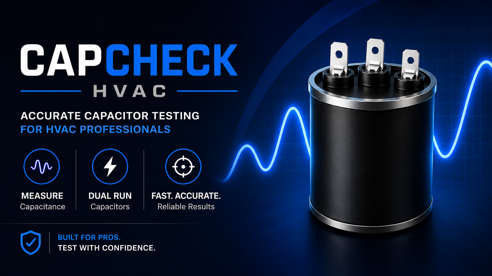 CapCheck HVAC feature graphic with capacitor and waveform