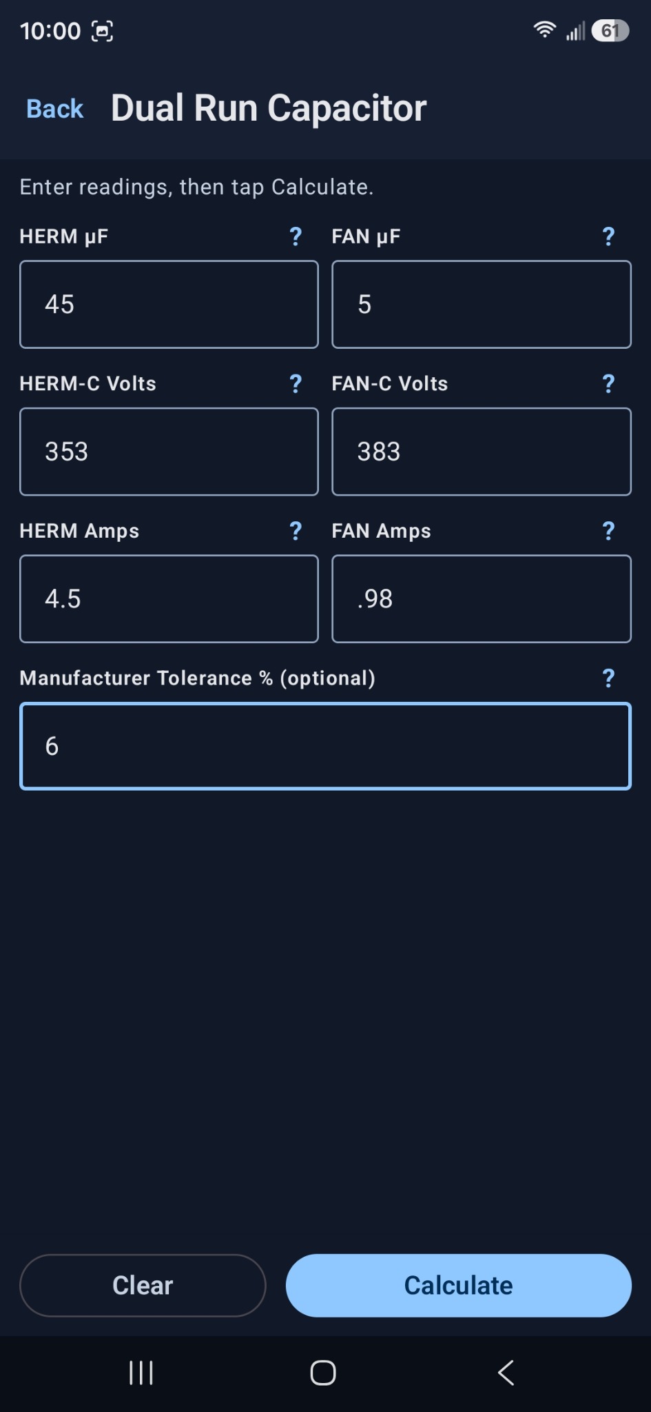 CapCheck HVAC dual run input screen