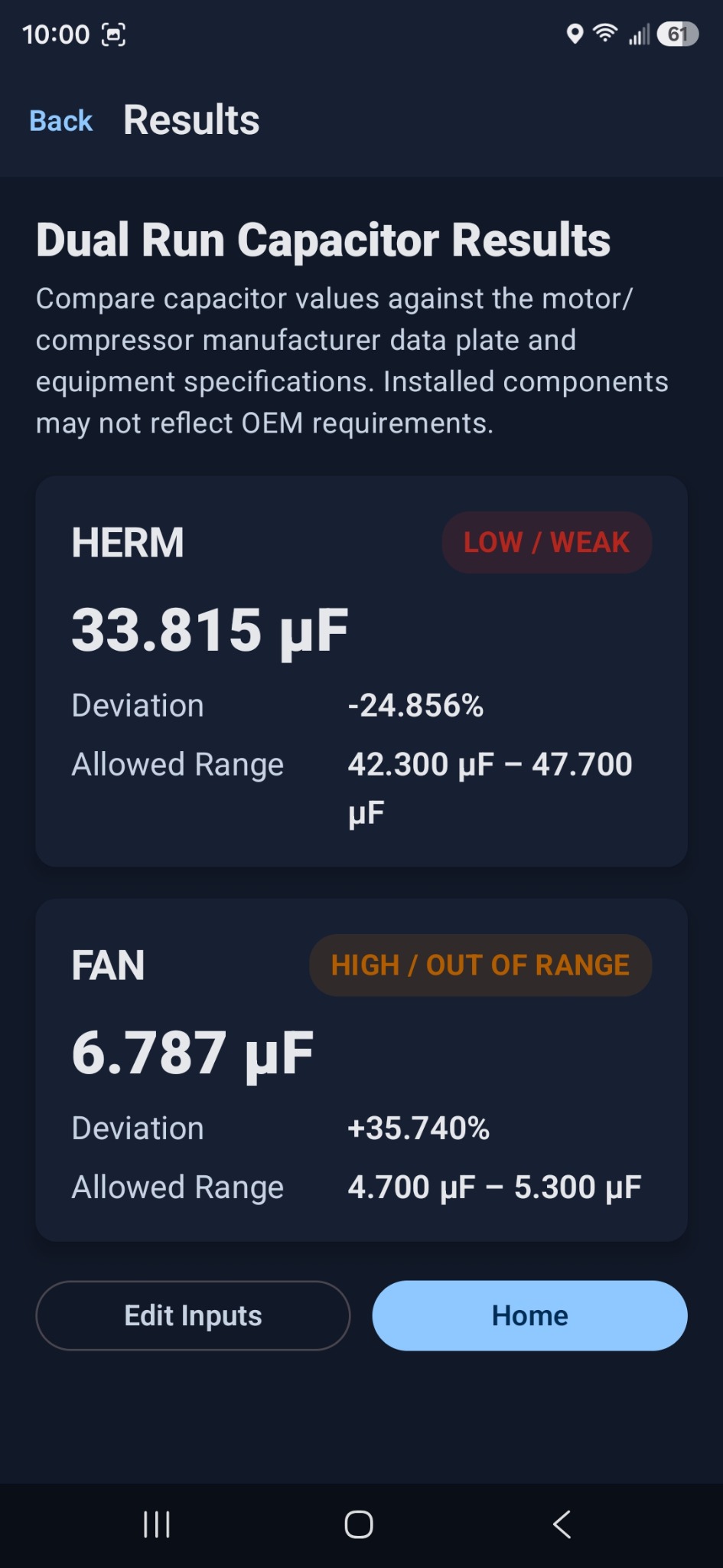 CapCheck HVAC dual run result screen