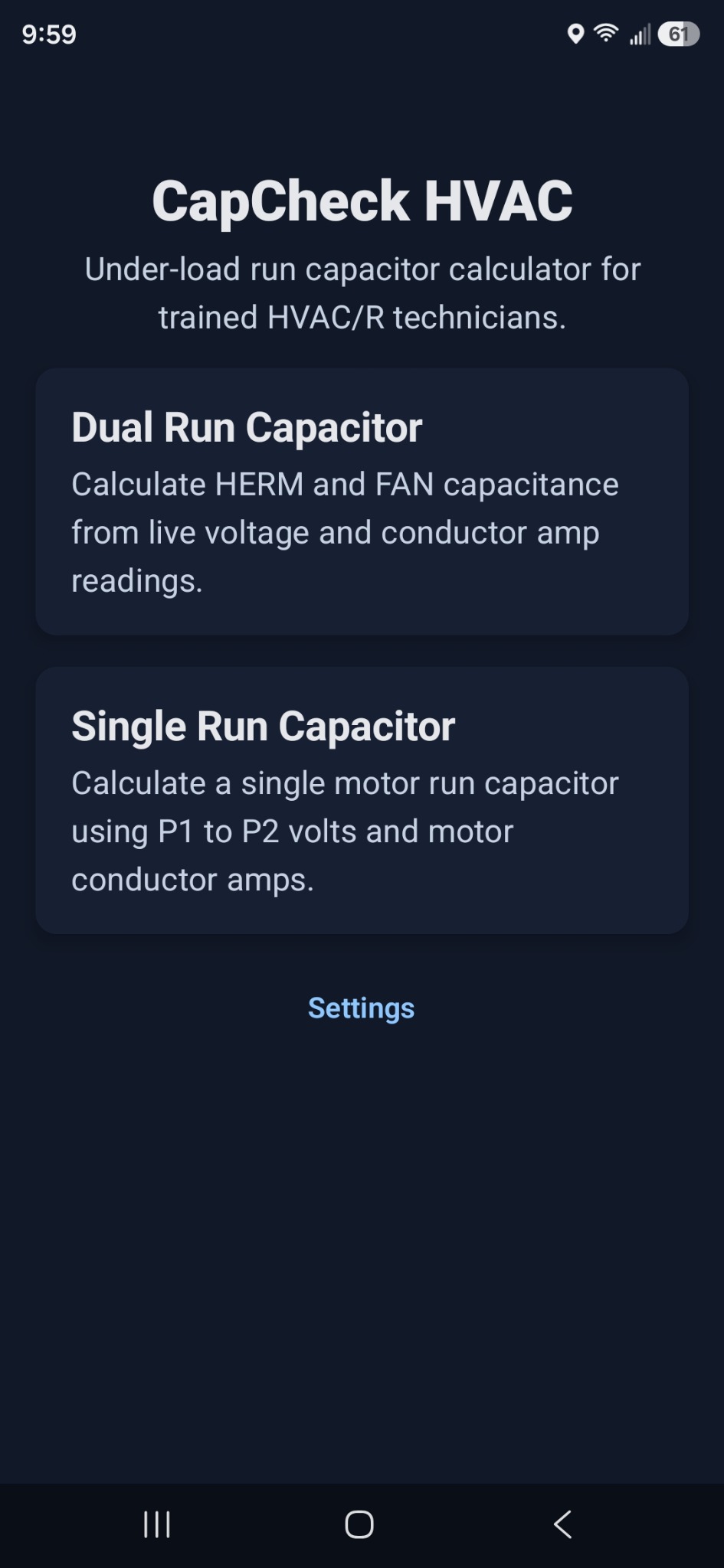 CapCheck HVAC home screen