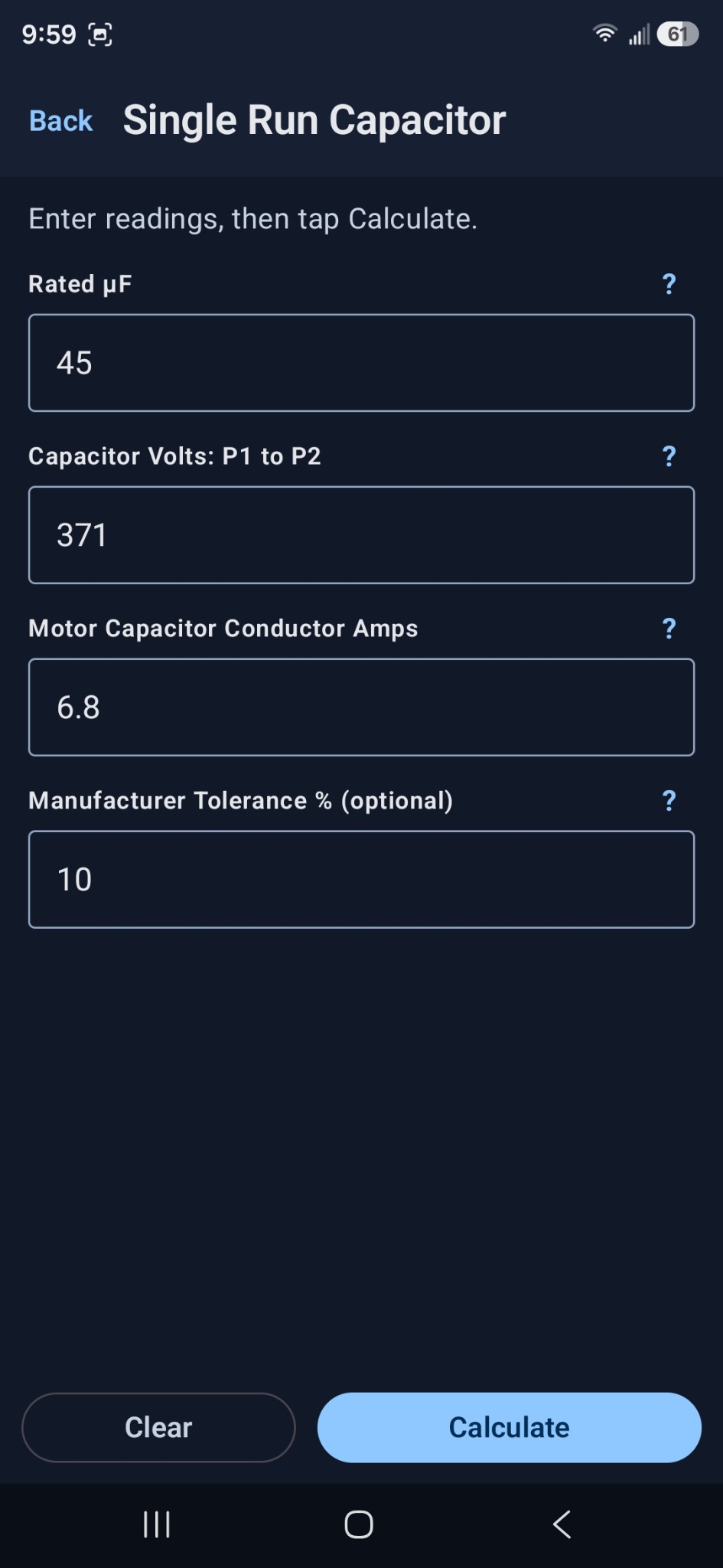 CapCheck HVAC single run input screen