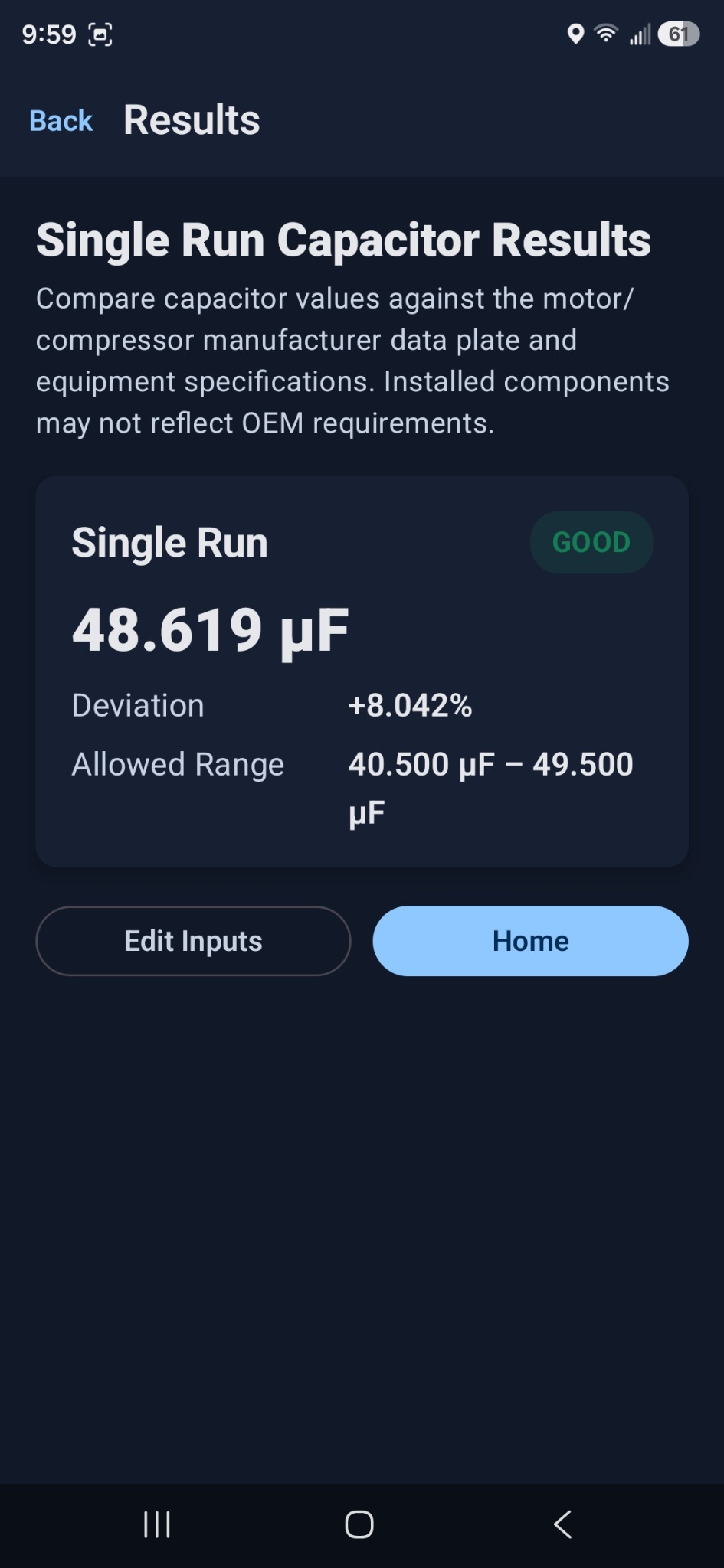 CapCheck HVAC single run result screen showing a good result